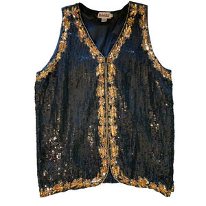 Vintage Vest Womens Size 24 Black Gold Sequin Beaded Floral Shiny Embellished